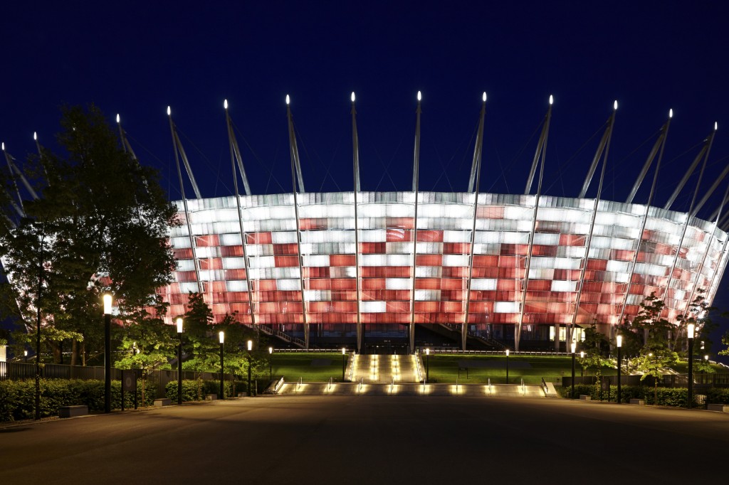 Warsaw, Poland - May 19, 2014:  National Stadium in Warsaw at night.